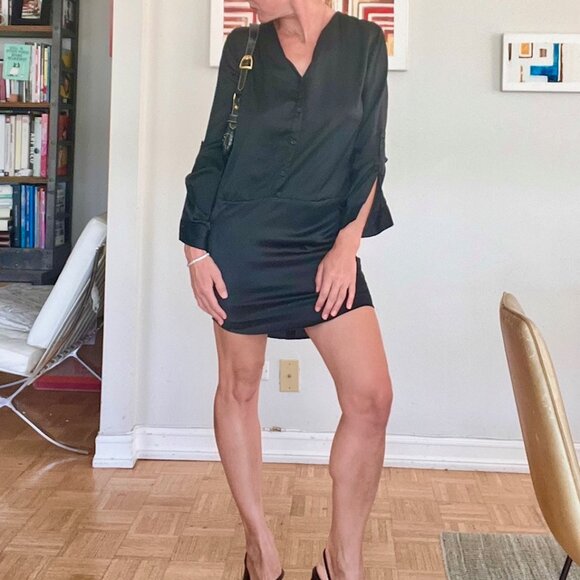 Joe Fresh Vintage Black Silk Shirt Drop Waist Dress, Size XS/S - Picture 1 of 12